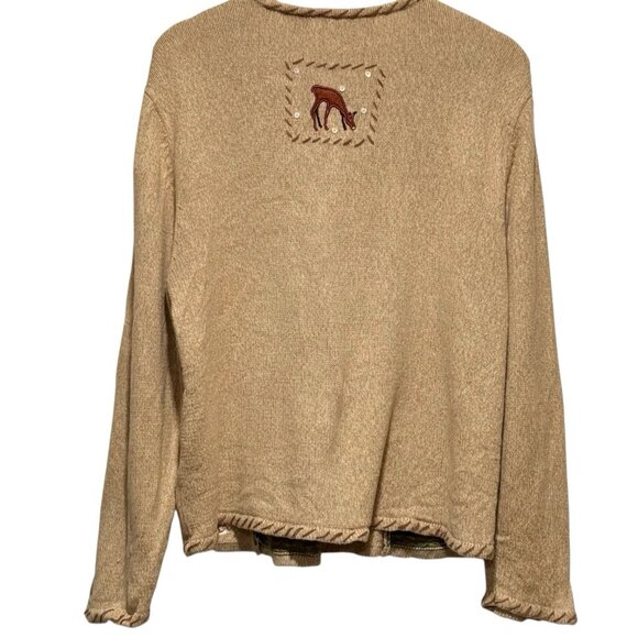 Crystal Kobe Embroidered Christmas Patchwork Tan Cardigan Sweater Womens Large - Picture 4 of 11